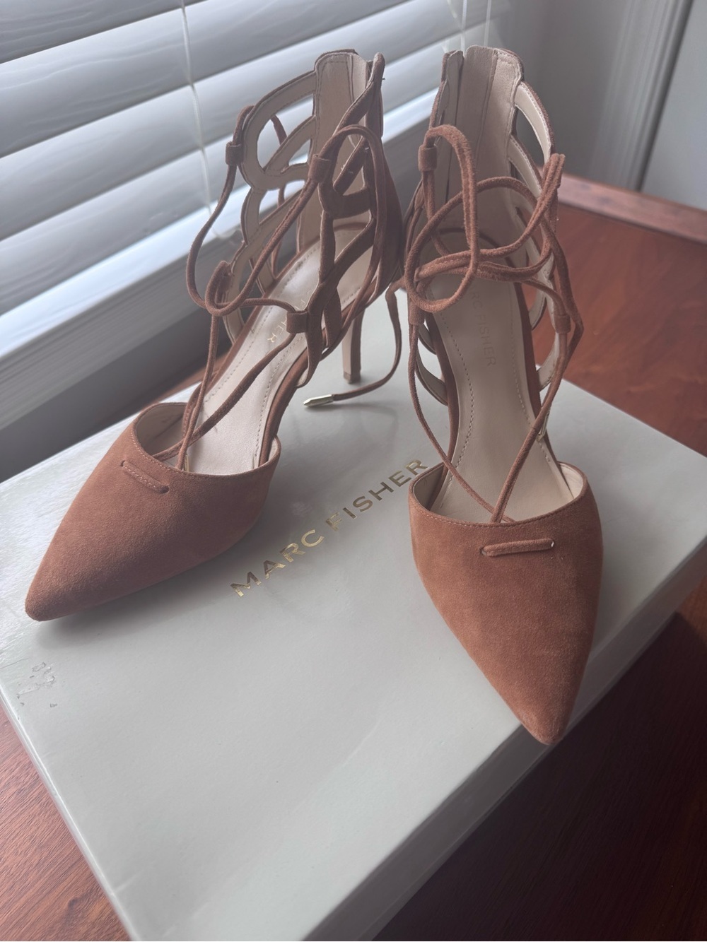 Marc Fisher Cognac Suede Lace-Up Pointed-Toe Stiletto Heels